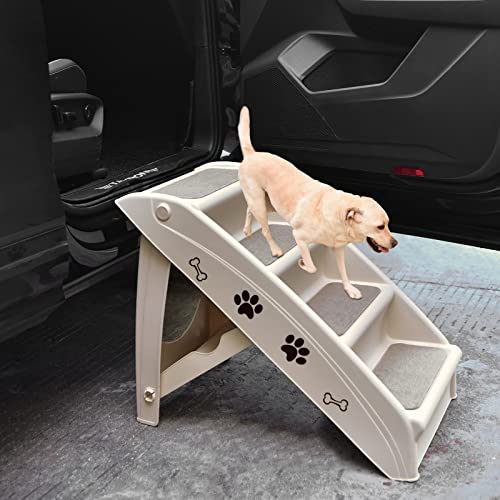 COSTWAY Escalera de Plástico Plegable para Mascotas, Escalera de Plástico con 4 Peldaños para Interior y Exterior, con Fieltro Blando, Ideal para Mascotas de Talla Pequeña y Mediana (Beige)