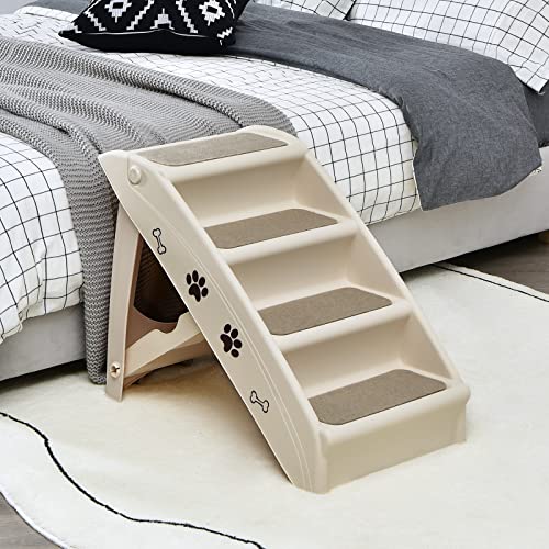 COSTWAY Escalera de Plástico Plegable para Mascotas, Escalera de Plástico con 4 Peldaños para Interior y Exterior, con Fieltro Blando, Ideal para Mascotas de Talla Pequeña y Mediana (Beige)