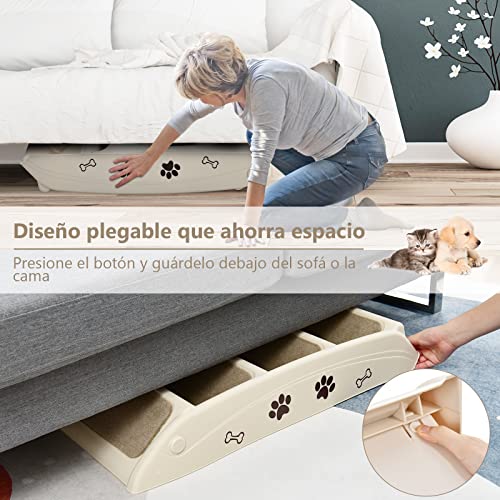 COSTWAY Escalera de Plástico Plegable para Mascotas, Escalera de Plástico con 4 Peldaños para Interior y Exterior, con Fieltro Blando, Ideal para Mascotas de Talla Pequeña y Mediana (Beige)