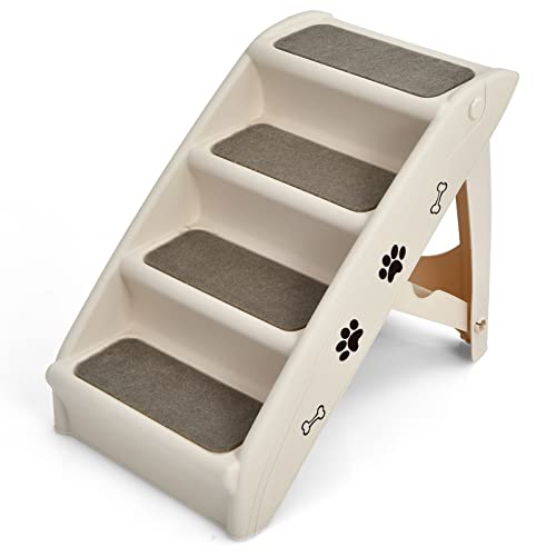 COSTWAY Escalera de Plástico Plegable para Mascotas, Escalera de Plástico con 4 Peldaños para Interior y Exterior, con Fieltro Blando, Ideal para Mascotas de Talla Pequeña y Mediana (Beige)