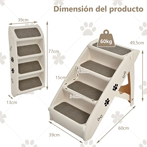 COSTWAY Escalera de Plástico Plegable para Mascotas, Escalera de Plástico con 4 Peldaños para Interior y Exterior, con Fieltro Blando, Ideal para Mascotas de Talla Pequeña y Mediana (Beige)