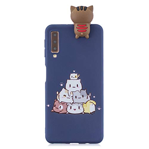 DasKAn Cartoon 3D Gata Mate Funda de Silicona para Samsung Galaxy A7 2018, Diseño Animal Lindo Color sólido Goma contraportada de teléfono Protectora TPU de Gel a Prueba de Golpes, Azul Oscuro