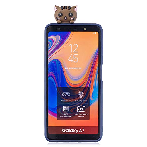 DasKAn Cartoon 3D Gata Mate Funda de Silicona para Samsung Galaxy A7 2018, Diseño Animal Lindo Color sólido Goma contraportada de teléfono Protectora TPU de Gel a Prueba de Golpes, Azul Oscuro