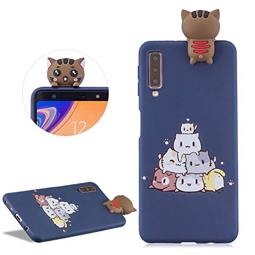 DasKAn Cartoon 3D Gata Mate Funda de Silicona para Samsung Galaxy A7 2018, Diseño Animal Lindo Color sólido Goma contraportada de teléfono Protectora TPU de Gel a Prueba de Golpes, Azul Oscuro