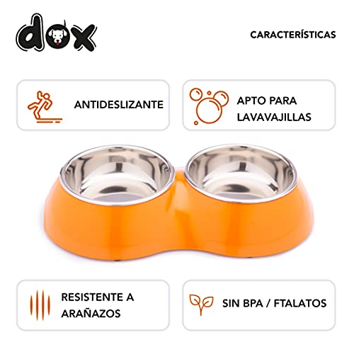 DDOXX Comedero Doble Perro, Antideslizante | Muchos Colores y Tamaños | para Perros Pequeño, Mediano y Grande | Bol Accesorios Acero INOX-Idable Melamina Gato Cachorro | Naranja, 2 x 350 ml