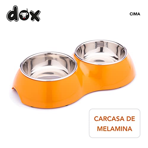 DDOXX Comedero Doble Perro, Antideslizante | Muchos Colores y Tamaños | para Perros Pequeño, Mediano y Grande | Bol Accesorios Acero INOX-Idable Melamina Gato Cachorro | Naranja, 2 x 350 ml