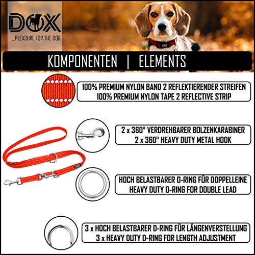 DDOXX Correa Perro Multiposición Nylon Reflectante, Ajustable en 3 tamaños, 2 m | Muchos Colores & Tamaños | para Perros Pequeño, Mediano y Grande | Correa Doble 2 Gato Cachorro | M, Naranja