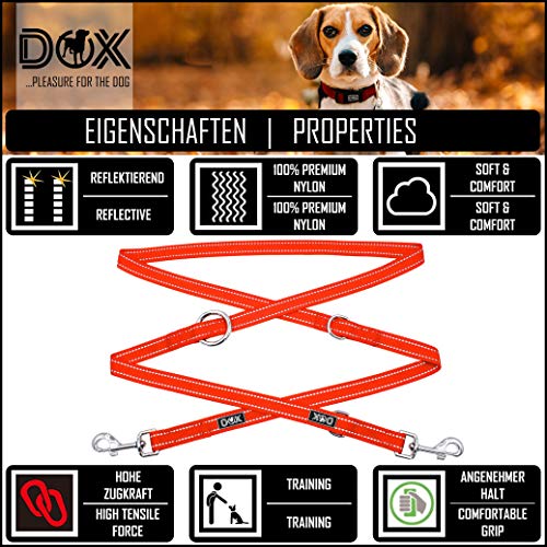 DDOXX Correa Perro Multiposición Nylon Reflectante, Ajustable en 3 tamaños, 2 m | Muchos Colores & Tamaños | para Perros Pequeño, Mediano y Grande | Correa Doble 2 Gato Cachorro | M, Naranja