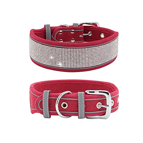 Elegel Collar reflectante para perro mediano grande brillante de ante con brillantes de imitación y corbata para mascotas y números de teléfono móvil (rojo L)