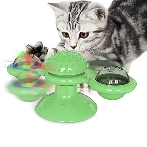 Foryourlovemall Gato molino de viento juguete, molino de viento gato gato bola juguete, gato interactivo juguetes, ventosa cepillo, tocadiscos burlas juguete para mascotas