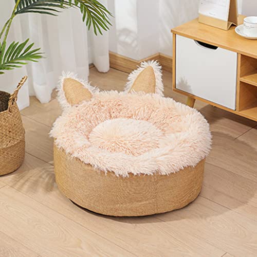 gfhdfg Cama esponjosa para Mascotas con Orejas de Gato,Lavable,cálida,de Terciopelo,para Perros,Redonda,calmante,para Perros,Gatitos,Cachorros,Nido para Dormir con Fondo Antideslizante(S Amarillo)