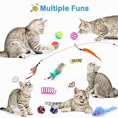 Goopow 17 Juguetes para Gatos, Juguetes interactivos para Gatos de Interior Bola de Juguete con Ruedas de 4 Capas con 4 Bolas de Colores y un Juguete para Gatos con Plumas de Campana (Azul)