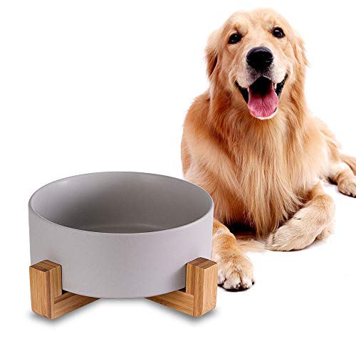 Gris Bol de Comida Perro 1800 ml Capacidad, Comedero Perro Grande, Antideslizante y Antiderrame Platos para Perros Cerámica Cuenco Perro con Soportes de Bambú,Comederos y Bebederos para Perros