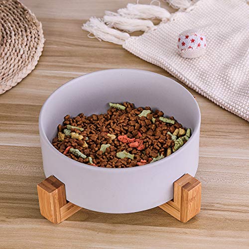 Gris Bol de Comida Perro 1800 ml Capacidad, Comedero Perro Grande, Antideslizante y Antiderrame Platos para Perros Cerámica Cuenco Perro con Soportes de Bambú,Comederos y Bebederos para Perros
