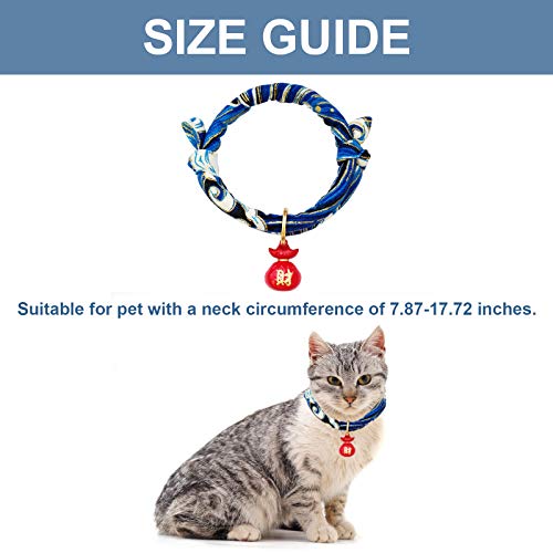 HACRAHO Collar de gato con campana, 1 paquete de collar de gato ajustable estilo japonés azul con collar de gato de la fortuna con impresión de olas para gatos y perros, cachorro, L