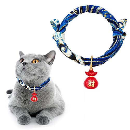 HACRAHO Collar de gato con campana, 1 paquete de collar de gato ajustable estilo japonés azul con collar de gato de la fortuna con impresión de olas para gatos y perros, cachorro, L