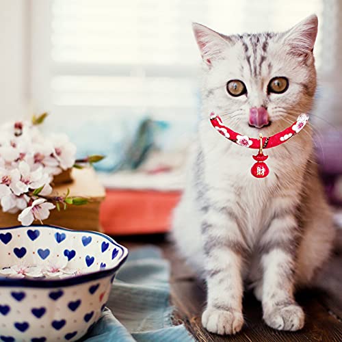 HACRAHO Collar de gato con campana, 1 pieza rojo estilo japonés estampado floral collar ajustable con campana de la fortuna para gatito, cachorro mascota, M