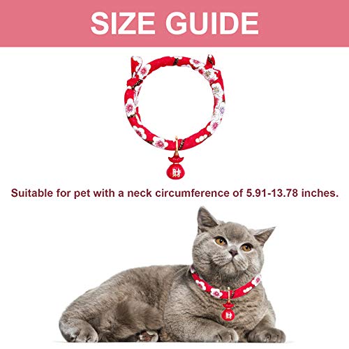 HACRAHO Collar de gato con campana, 1 pieza rojo estilo japonés estampado floral collar ajustable con campana de la fortuna para gatito, cachorro mascota, M