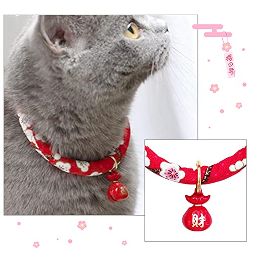 HACRAHO Collar de gato con campana, 1 pieza rojo estilo japonés estampado floral collar ajustable con campana de la fortuna para gatito, cachorro mascota, M