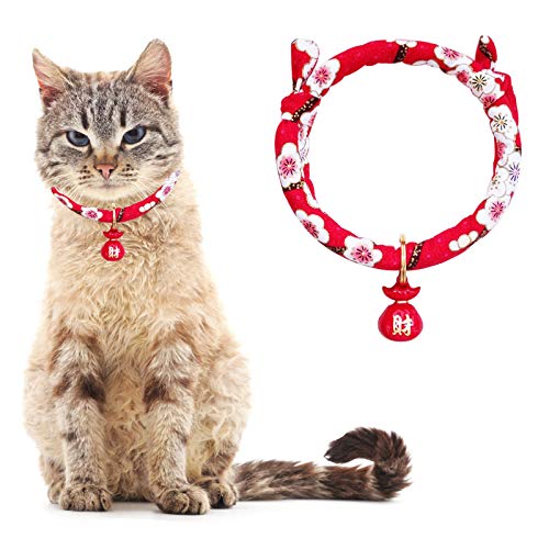 HACRAHO Collar de gato con campana, 1 pieza rojo estilo japonés estampado floral collar ajustable con campana de la fortuna para gatito, cachorro mascota, M