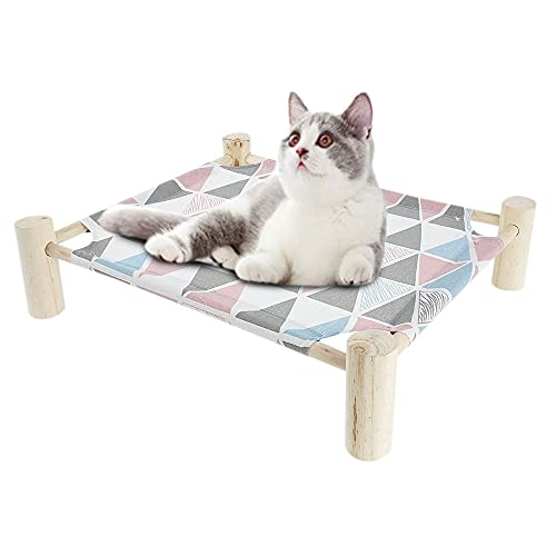 Hamaca portátil para gatos, cama elevada para gatos, de madera, con tela, extraíble, lavable en todas las estaciones, cuna para perros, caseta para gatos pequeños, 53 x 48 x 13 cm (triángulo rosa)
