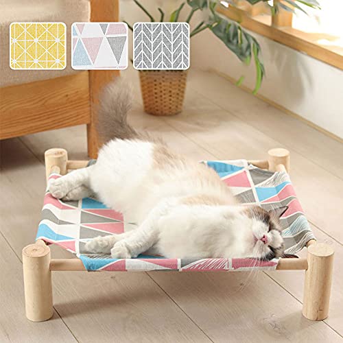Hamaca portátil para gatos, cama elevada para gatos, de madera, con tela, extraíble, lavable en todas las estaciones, cuna para perros, caseta para gatos pequeños, 53 x 48 x 13 cm (triángulo rosa)