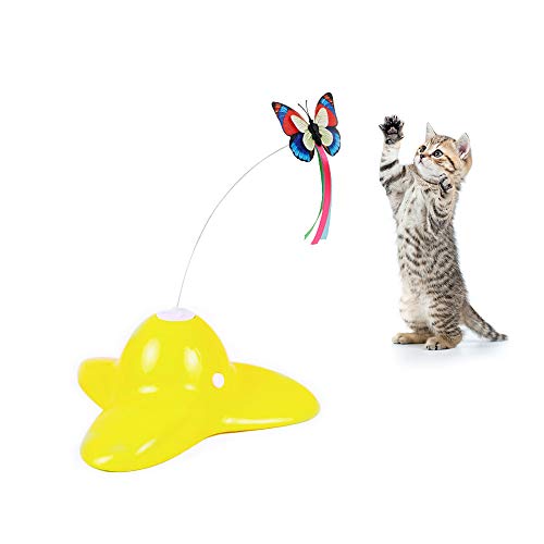 HanDingSM Juguetes con Plumas,Mascota Gato Interactivo Juguete con 360 ° eléctrico Giratorio Intermitente Mariposas Juguetes (Amarillo)