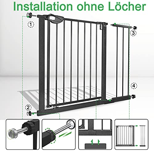 HENGMEI Rejilla de protección para puertas de escaleras, sin agujeros, rejilla de protección para bebés, 75-85 cm, cierre automático, puerta de rejilla de metal para seguridad infantil, color negro