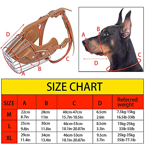 HITNEXT Bozal de perro para morder, bozal de cuero de metal para perro mediano y grande, hocico ajustable marrón con perforador de cuero para no ladrar, morderse y masticar (L)
