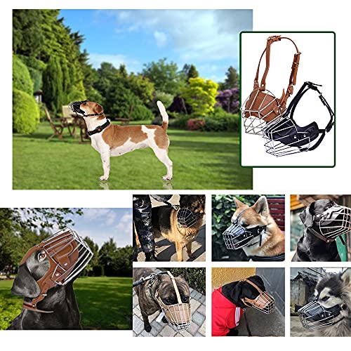 HITNEXT Bozal de perro para morder, bozal de cuero de metal para perro mediano y grande, hocico ajustable marrón con perforador de cuero para no ladrar, morderse y masticar (L)