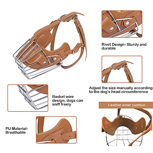 HITNEXT Bozal de perro para morder, bozal de cuero de metal para perro mediano y grande, hocico ajustable marrón con perforador de cuero para no ladrar, morderse y masticar (L)
