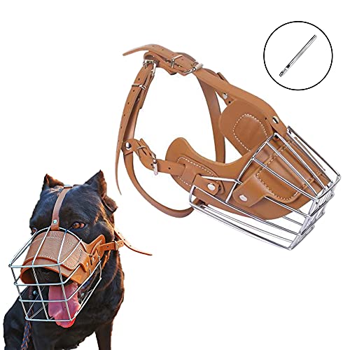 HITNEXT Bozal de perro para morder, bozal de cuero de metal para perro mediano y grande, hocico ajustable marrón con perforador de cuero para no ladrar, morderse y masticar (L)