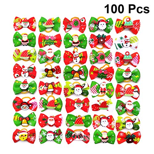ibasenice Christmas Party Perro Hairbows- 100Pcs Fashion Fashion Christmas Pet Pein Band Adorable Perro Pelo Banda Perrito Pelo Bows Bows Pet Paño Pelo Anillo de Pelo (Estilo Mixto)