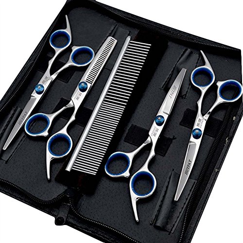 Insun 5 Piezas Professional Tijeras de Perros y Gatos 17cm Acero Inoxidable Tijeras para Cuerpo Completo, Cara, Nariz, Orejas y Huellas Plata