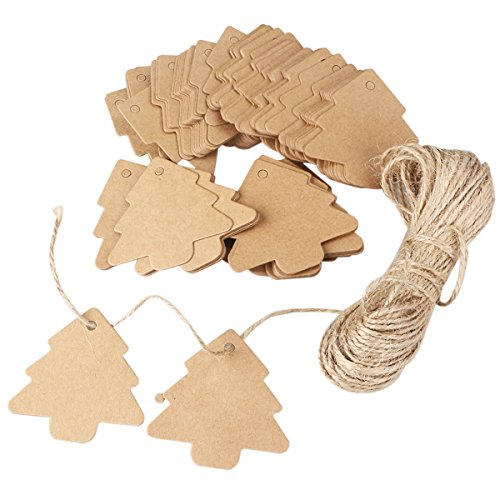 iplusmile 100 unidades de papel de regalo de Navidad con diseño de árbol de Navidad, etiquetas de paquetes de regalo, etiquetas de papel de equipaje con cuerda de 20 m (Brun)