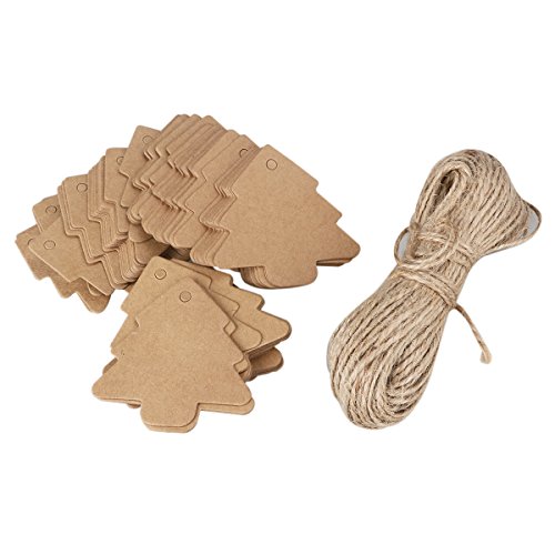 iplusmile 100 unidades de papel de regalo de Navidad con diseño de árbol de Navidad, etiquetas de paquetes de regalo, etiquetas de papel de equipaje con cuerda de 20 m (Brun)