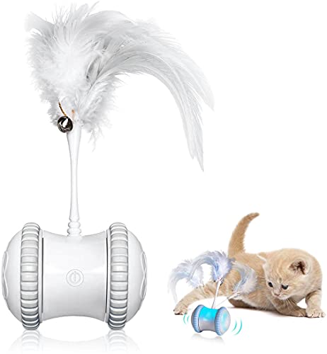 Juguetes automáticos de plumas de gato, juguete inteligente interactivo para gatos con luz LED, giratorio automático, mascotas para interior gatito ejercicio juego de entrenamiento captura (gris)