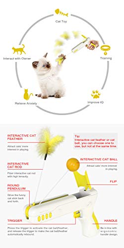 juguetes interactivos para gatos y pistola de rebote juguetes para gatito gato Teaser juguetes con bola y plumas para entretenimiento y ejercicio (amarillo)