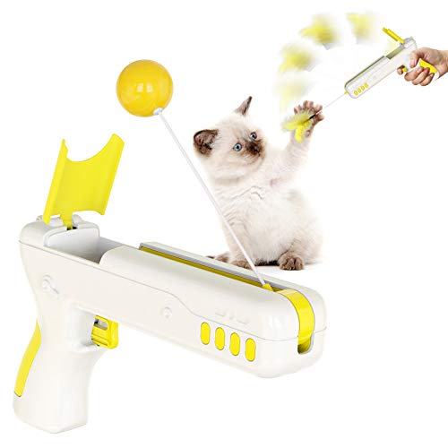 juguetes interactivos para gatos y pistola de rebote juguetes para gatito gato Teaser juguetes con bola y plumas para entretenimiento y ejercicio (amarillo)