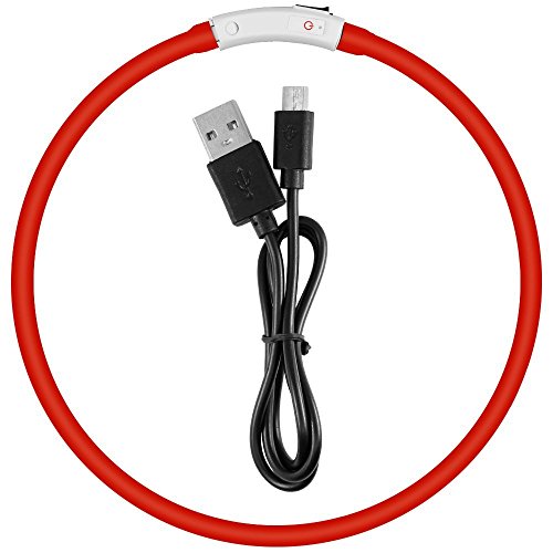 KEKU LED Collar de Perro de Mascota, llevó USB Recargable Collar de Seguridad para Mascotas Impermeable hasta la Longitud de 50 cm (19.5in) Collar de Destello Ajustable (Rojo)