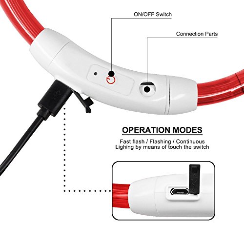 KEKU LED Collar de Perro de Mascota, llevó USB Recargable Collar de Seguridad para Mascotas Impermeable hasta la Longitud de 50 cm (19.5in) Collar de Destello Ajustable (Rojo)