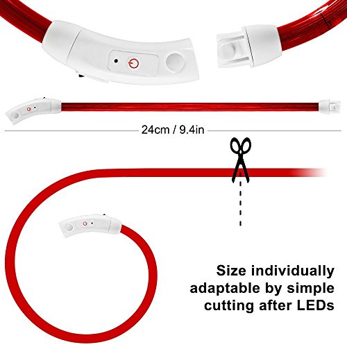 KEKU LED Collar de Perro de Mascota, llevó USB Recargable Collar de Seguridad para Mascotas Impermeable hasta la Longitud de 50 cm (19.5in) Collar de Destello Ajustable (Rojo)