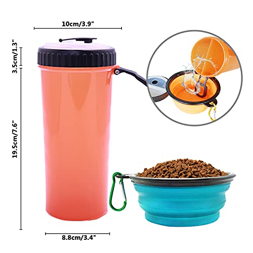 laamei Botella de Agua para Perros, Portatil Envase de Comida 2 en 1 Comedero y Bebedero Perro Portátil para Perros Gatos Mascotas Adecuado para al Aire Libre Caminar Viajar (Naranja/con 2 Plegables)