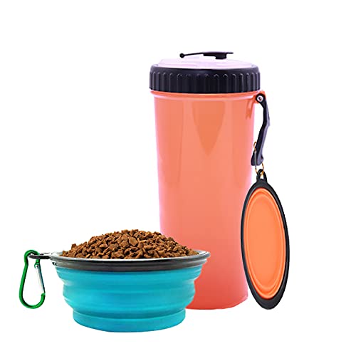 laamei Botella de Agua para Perros, Portatil Envase de Comida 2 en 1 Comedero y Bebedero Perro Portátil para Perros Gatos Mascotas Adecuado para al Aire Libre Caminar Viajar (Naranja/con 2 Plegables)