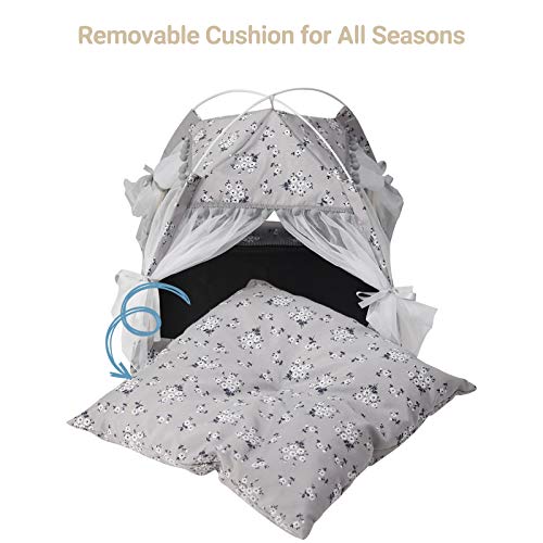 laamei Tienda de Campaña para Gatos/Perros Cama Portátil de Lona para Mascotas Camas para Gatos Cama para Mascotas Estilo Floral Lavable Extraíble con Cojín para Gatos(Gris，58*58*59CM)