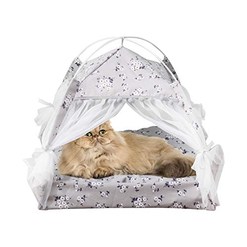 laamei Tienda de Campaña para Gatos/Perros Cama Portátil de Lona para Mascotas Camas para Gatos Cama para Mascotas Estilo Floral Lavable Extraíble con Cojín para Gatos(Gris，58*58*59CM)