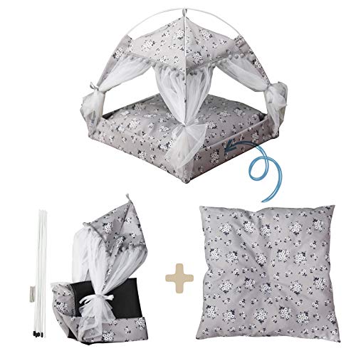 laamei Tienda de Campaña para Gatos/Perros Cama Portátil de Lona para Mascotas Camas para Gatos Cama para Mascotas Estilo Floral Lavable Extraíble con Cojín para Gatos(Gris，58*58*59CM)
