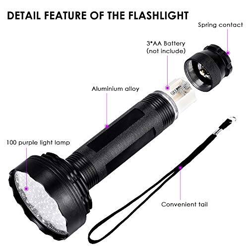 Linterna de bolsillo UV 100 LED con gafas de protección UV para perro, gato, detector de orina, 395nm, lámpara de bolsillo negra para la orina, las manchas, las chinches, etc.
