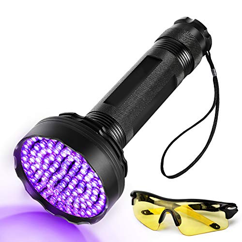 Linterna de bolsillo UV 100 LED con gafas de protección UV para perro, gato, detector de orina, 395nm, lámpara de bolsillo negra para la orina, las manchas, las chinches, etc.