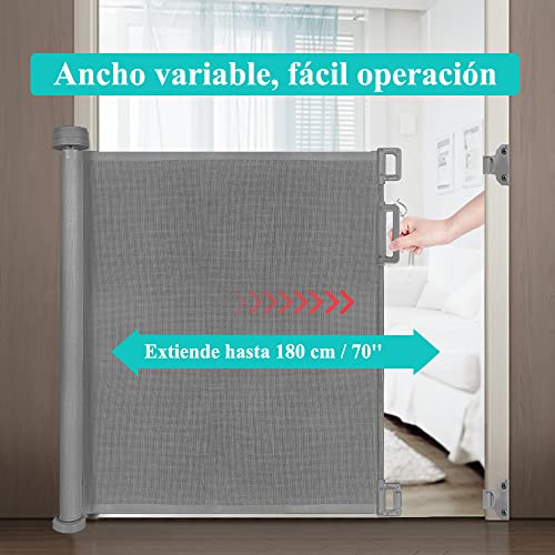 Looxii Barrera Puertas de Seguridad Niños 0-180 cm Retráctil Bebé Puerta Seguridad Extensibles Barreras Escalera Vallas para Puerta y Escalera Gris